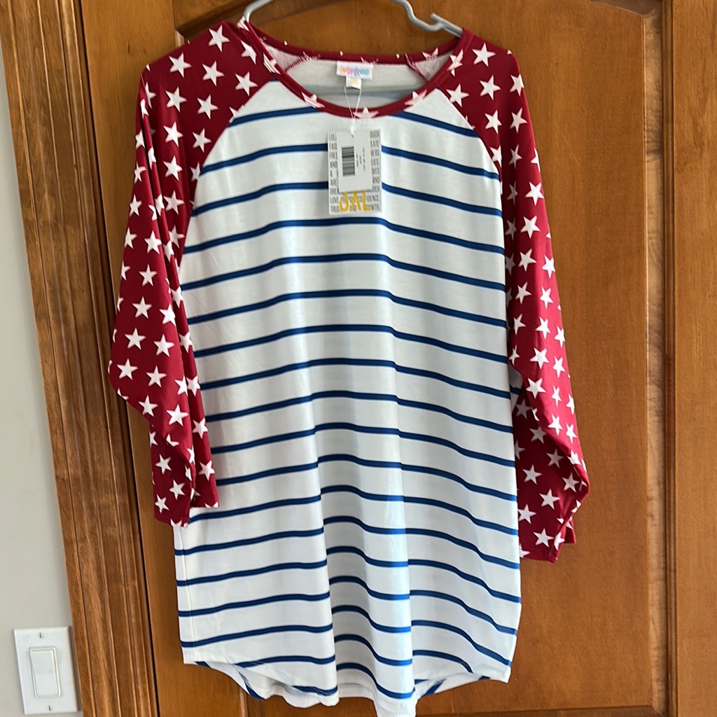 Lularoe Women’s Randy Tee Red, White & Blue Long Sleeve Tee With Star Sleeves